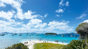A wide-angle shot of a caribbean bay