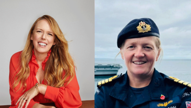 Two women in the marine industry, one with long wavy hair and the other in naval uniform