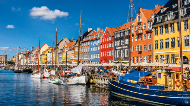 Copenhagen with colourful tall terraced houses