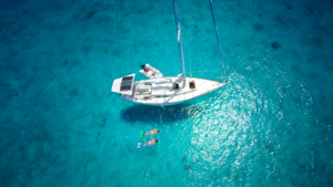 Aerial photo of a yacht with solar panels