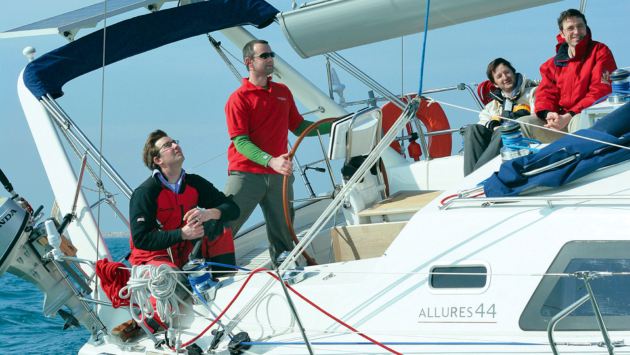 An Allures 44, built with an aluminium hull, sailing off Cherbourg