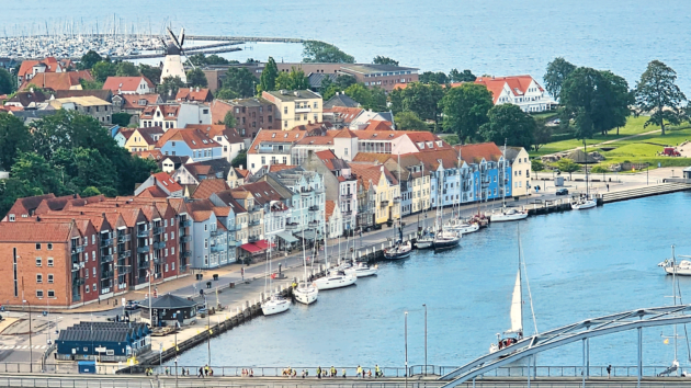 Sonderborg bridge, waterfront, castle windmill and yacht harbour in the distance taken from the lookout platform on the 16th floor of the Alsik Hotel
