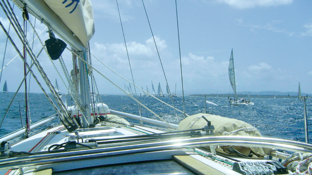 The view from the cockpit as the regatta gets under way