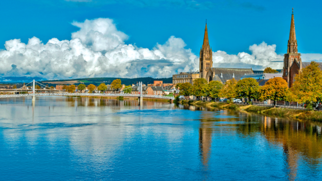 Ness Bridge, Inverness, with the steeples of the Junction and Free Churches