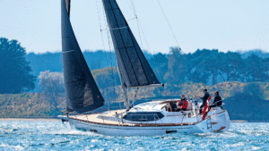 The Faurby 360 Deck Saloon in the water