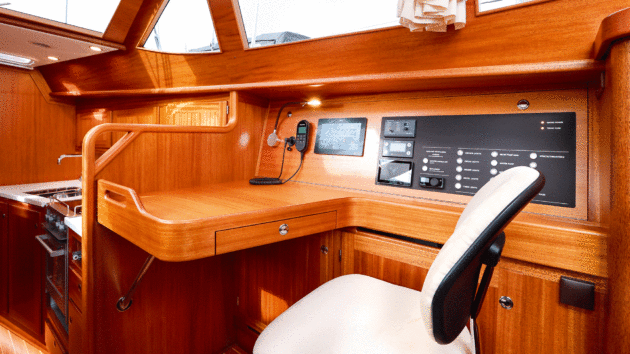 The chair for the chart table is height adjustable, making sitting here for longer periods very comfortable, especially if you are working remotely on your boat