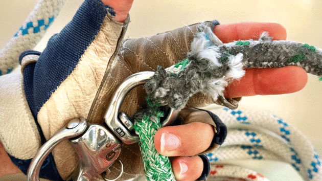 Chafe is a seriousproblem; this is after only two days set against the spinnaker pole