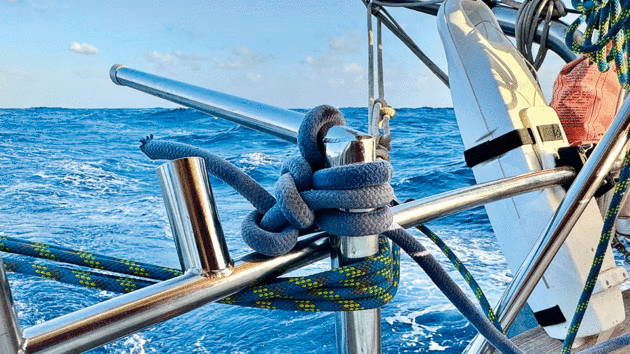 Hope for the best, prepare for the worst! Here the author stabilises a dropped rudder post with 1,000 miles still to go