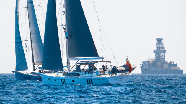 Two 2024-launched yachts, Carina and Luminous, power away at the Las Palmas start