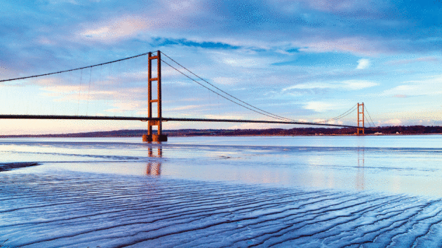 The Humber Bridge and the River Humber at low tide from Barton-upon-Humber in North Lincolnshire