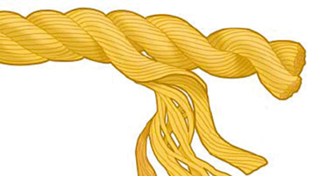 Right-hand, Z-laid three-strand rope. The crowns are the top curving sections.
