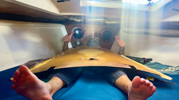 Forepeak headliner down, following major internal boat surgery with a saw to cut it out, and the leak is finally exposed!