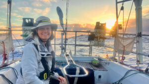 Nicki on watch at dawn, mid-Atlantic
