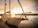 Monty's yacht with a sunset behind