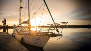 Monty's yacht with a sunset behind