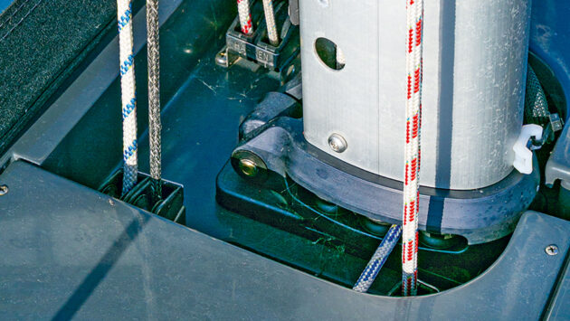 Lines coming down the mast are led aft beneath the mouldings forming the coachroof