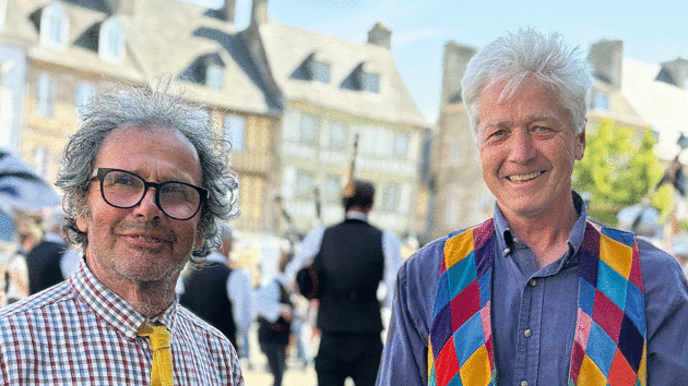 Co-skipper Steve Leigh (L) and the author Tim 
(R) celebrating in 
Treguier