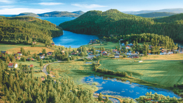 View over a village in the High Coast region in central Sweden
