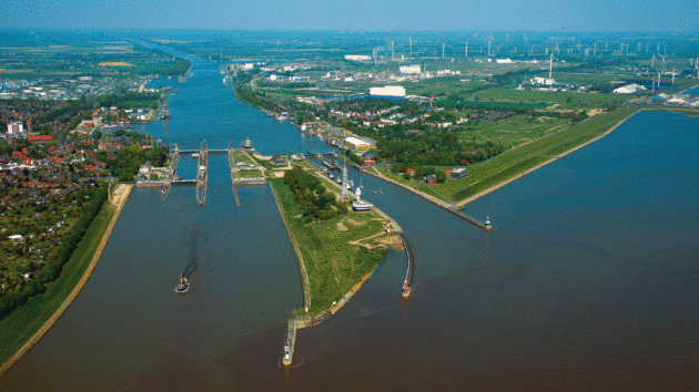 The western entrance to the Kiel Canal leaves the North Sea near Cuxhaven on the Elbe