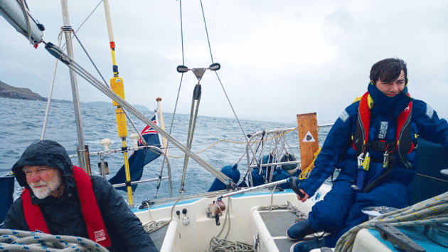 People in the cold on a yacht.