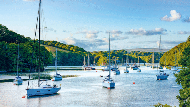 Yealm River in Devon with moored yachts