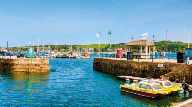 Falmouth, Cornwall, the busy harbour on a bright spring day