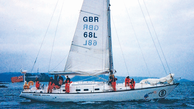 Waving off Mervyn’s mate Andrew (Spud) Spedding and crew on Blackadder at the start of the first Clipper Round the World yacht race