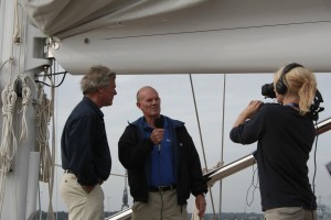 David Glenn of Yachting World performs for the camera on board the stunning Spirit 100. See the ybw.com TV preview online later