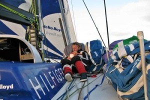 Delta Lloyd bowman Gerd-Jan Poortman enjoying his noodle snack on the stack on deck
