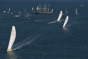 Majestic tall ship 'The Belem' and the VELUX 5 OCEANS Skippers as they depart La Rochelle for the first of 5 Ocean Sprints in the VELUX 5 OCEANS around the world race.