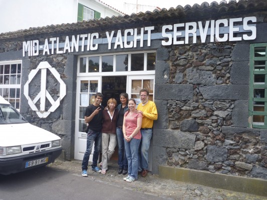 Duncan Sweet (far right) and staff of Mid-Atlantic Yacht Services in Horta, Azores