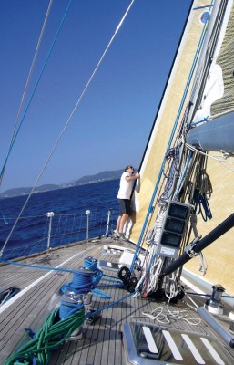 You get a better idea of the set of the headsail if you go right forward