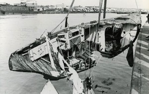The salvaged wreckage of Sir Edward Heath's 44ft Morning Cloud, recovered after her sinking in 1974
