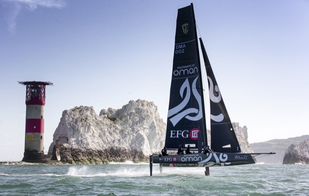 A GC32 foiling catamaran racing in the Round the Island Race, 27 June 2015 , Bullitt GC32 Racing Tour. © Sander van der Borch