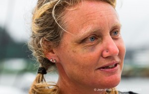 Pip Hare sporting a black eye at the finish of the Transat Jacques Vabre race.