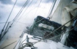 Lashing spray on a frenzied ocean as Isobell plunged downwind.