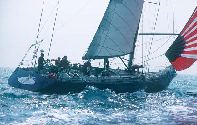 50. Ceramco. 1980, Farr Yacht Design: Peter Blake’s 68-footer with a bulb keel and flat stern was designed to surf around the world in the 1981-82 Whitbread, but she was dismasted on leg one. The crew set a jury rig and sailed 4,400 miles to rejoin the race and resume battle with Flyer. Photo: Jean Jacques Bernard.