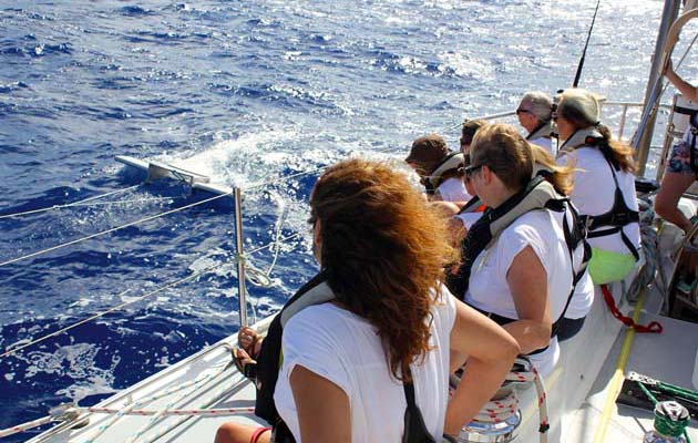 The specially designed trawl device is towed from the spinnaker pole for 30 minutes each day at exactly 2 knots