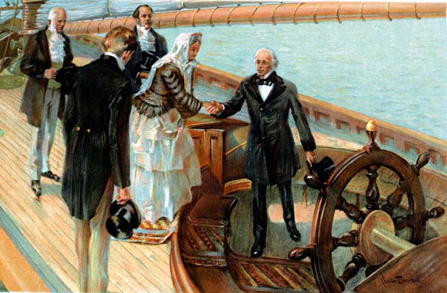 Queen Victoria on board the schooner 'America' (left to right) Col. James A. Hamilton, Lord Alfred Paget, the Queen's clerk marshal; Prince Albert, the Prince Consort, the Queen, Commodore John C. Stevens. From an oil painting by C. chase Emerson.