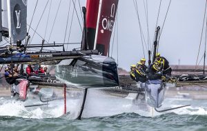 The AC45Fs bear away at the first mark – a fast manoeuvre known as the slingshot. Photo Sander van der Borch / Artemis Racing