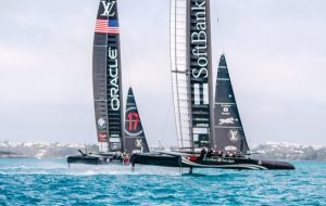 Oracle Team USA and SoftBank Team Japan during practice racing in Bermuda, April 2017