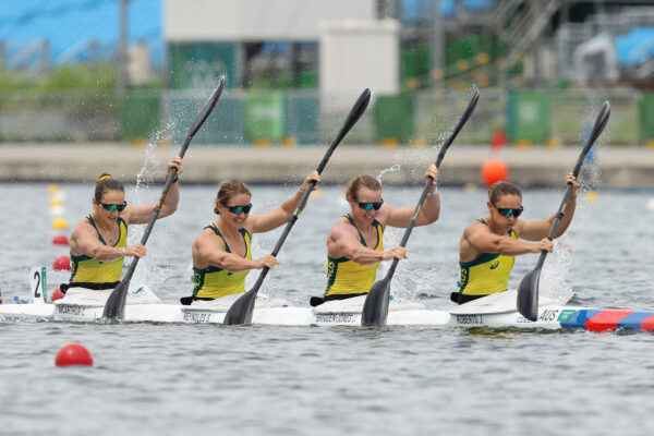 The Australia team in action in the women's kayak four 500m event at Tokyo 2020