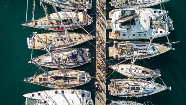 Aerial view of boats on a pontoon