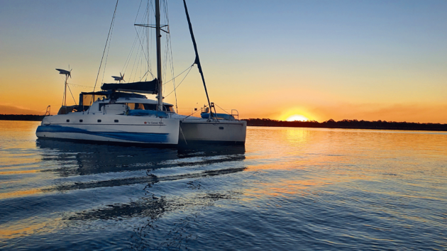 The Hamill family live aboard their 43ft Fountaine Pajot catamaran Javelot, here moored off the Anambas Islands, Indonesia.