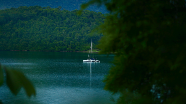 Anchored in the protected waters of Ilha do Cotia
