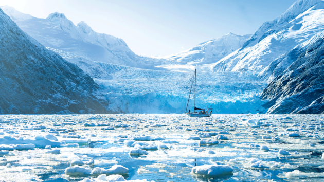 Navigating deep into a maze of growlers in Seno Garibaldi, Tierra del Fuego.