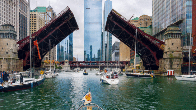 One of a series of lifting bridges allowing yachts through downtown Chicago