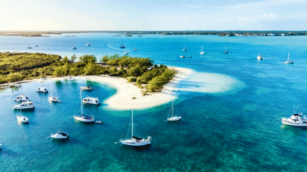 White sand and turquoise seas anchorage at Great Exuma in the Bahamas.