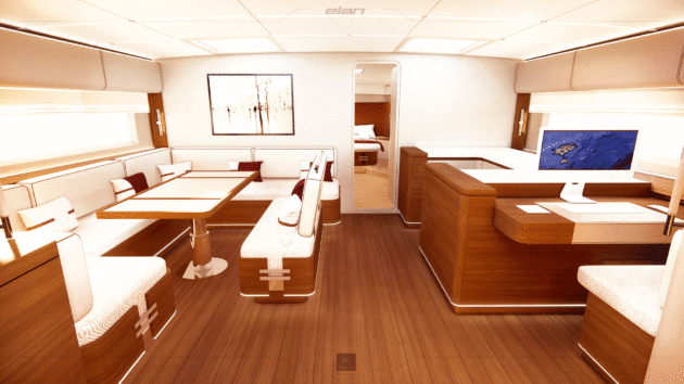 The saloon and beamy interior