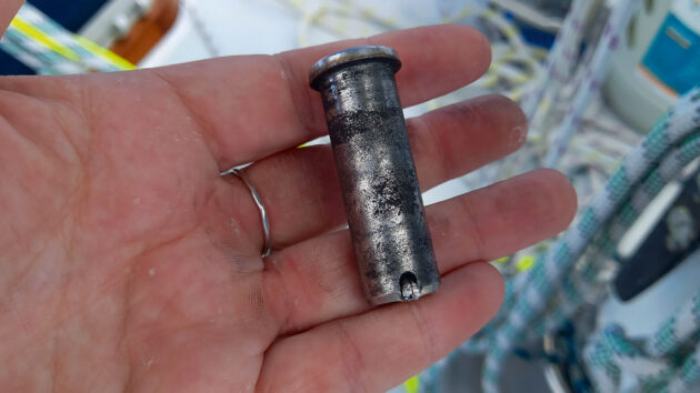Clevis pin was found on deck after the split pin securing it in place sheared off